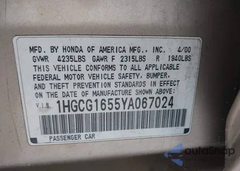 2000 Honda Accord 3.0 Ex from USA, damaged, VIN 1HGCG1655YA067024